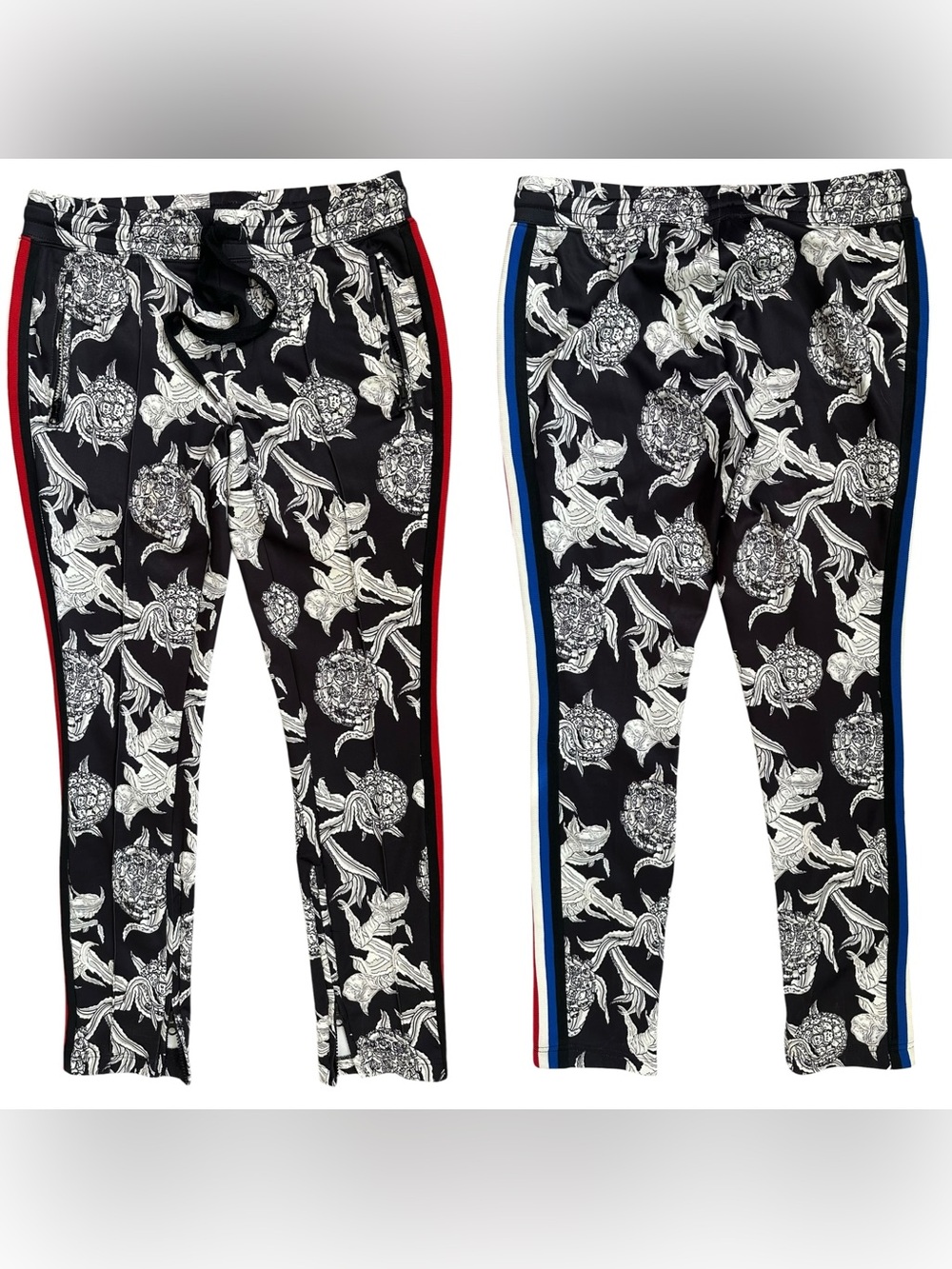 Pam & Gela Black White Floral Print Zipper Hem Red Blue Stripe Pants Size Small